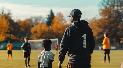A youth football training session with coaches guiding young players on the field.