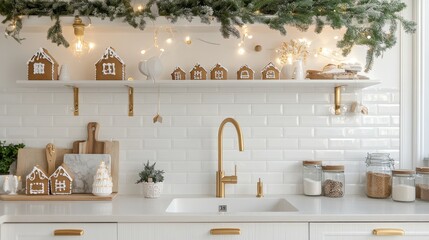 Charming holiday kitchen adorned with festive greenery and decorative gingerbread houses
