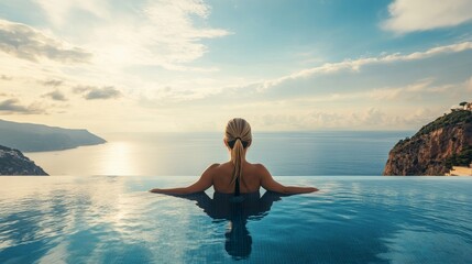 Model in a luxurious black swimsuit lounges on an infinity pool at a European resort, enjoying a relaxing spa vacation with sunbathing, laser hair removal, and body treatments.