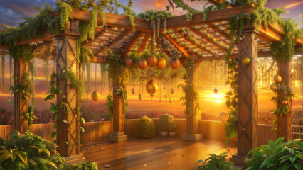 Fototapeta premium Elegant Sukkah at Sunset with Hanging Fruits and Lush Greenery