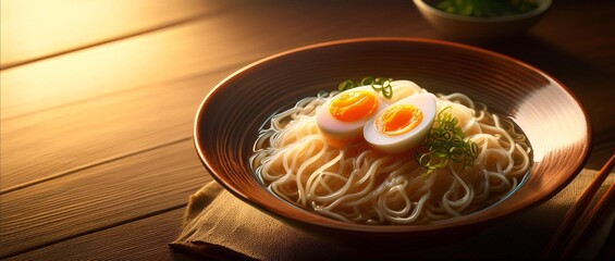 hot noodles with boiled eggs in ceramic bowl on wooden table with dramatic lighting 