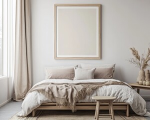 Contemporary Bedroom Interior with Blank Poster Frame in Scandinavian Style