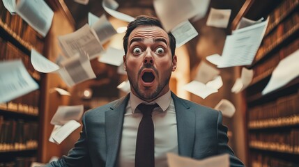 A screaming, terrified businessman in a suit is stressed and furious, with papers and documents flying around. Manager office worker dealing with tax accounting issues