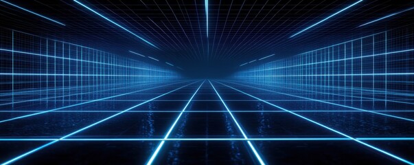 A futuristic grid of blue neon lines on a black background depicting a digital and sci-fi concept