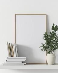 Creative Poster Mock-Up in Stylish Living Room Interior with Magazine Stack and Plant Decoration, 3D Render
