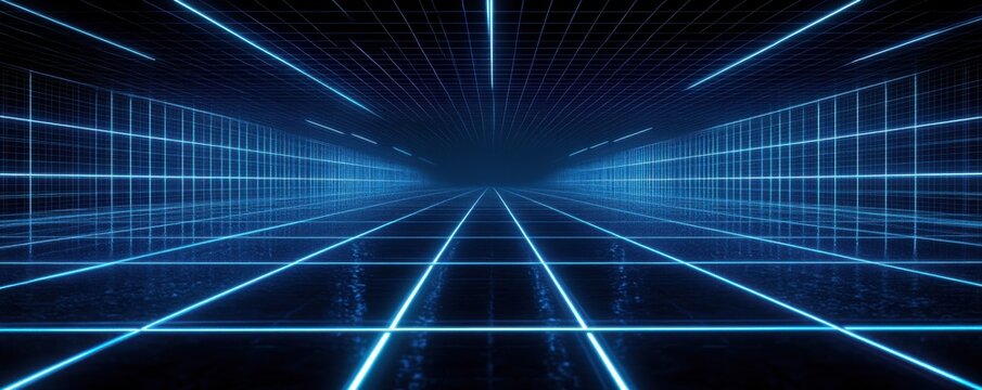 A futuristic grid of blue neon lines on a black background depicting a digital and sci-fi concept