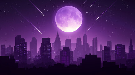 Fototapeta premium Monochrome purple silhouette city landscape with big moon and shooting stars. Dream cityscape 4k loop animation video on cartoon or anime style. anime illustrations 