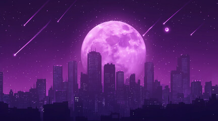 Monochrome purple silhouette city landscape with big moon and shooting stars. Dream cityscape 4k loop animation video on cartoon or anime style. anime illustrations
