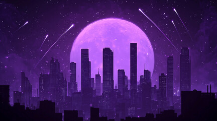 Monochrome purple silhouette city landscape with big moon and shooting stars. Dream cityscape 4k loop animation video on cartoon or anime style. anime illustrations
