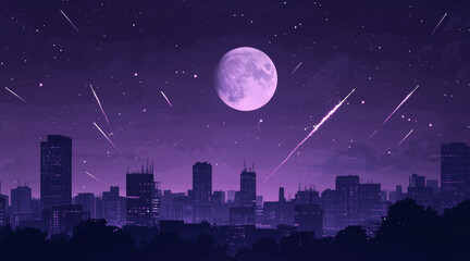 Fototapeta premium Monochrome purple silhouette city landscape with big moon and shooting stars. Dream cityscape 4k loop animation video on cartoon or anime style. anime illustrations 