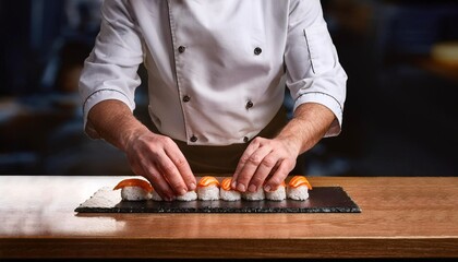 Chief preparing sushi on wooden table with black background 