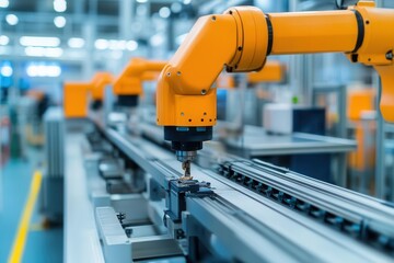 A close-up of an industrial robotic arm working on a machining process in a modern factory environment.