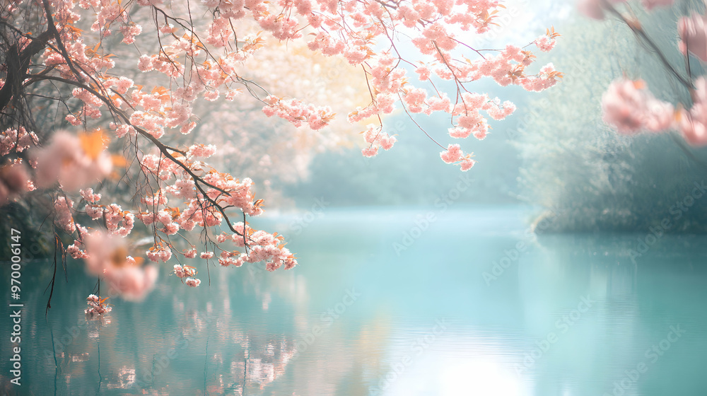 Wall mural Delicate pink cherry blossoms hanging over a serene blue lake.