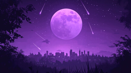 Fototapeta premium Monochrome purple silhouette city landscape with big moon and shooting stars. Dream cityscape 4k loop animation video on cartoon or anime style. anime illustrations 