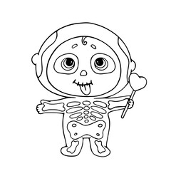 Line sketch, doodles of a funny little skeleton character. Halloween decoration. Vector graphics.