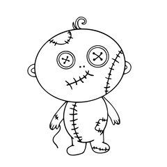Line sketch, doodles of a funny little voodoo doll character. Halloween decor. Vector graphics.