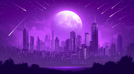 Monochrome purple silhouette city landscape with big moon and shooting stars. Dream cityscape 4k loop animation video on cartoon or anime style. anime illustrations
