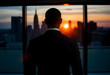 Fototapeta premium Black man in a tailored suit with his back to the camera, standing in a modern office, looking out at the dark skyline through large glass windows create with ai