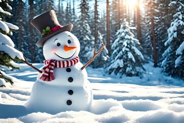 Obraz premium Snowy winter forest with smiling snowman, christmas illustration - generative ai