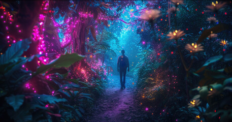 Fototapeta premium Lone person in fantasy dark forest at night, young man walking on path near magical flowers and lights, neon plants in fairy tale woods. Concept of wonderland, nature