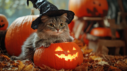 Cute cat in witch hat and jack pumpkin, portrait of funny pets on autumn leaves background. Concept of Halloween, nature, celebration and October.