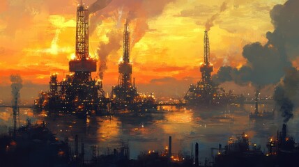 Obraz premium Industrial Complex at Sunset with Smoke and Reflections
