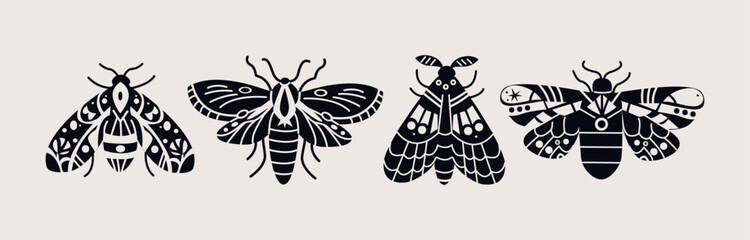 Set of beetles and butterflies in cartoon style. Black and white abstract patterns and ornaments on wings, insects flies, bees, caterpillars, beetles in abstract style. Bright funky stickers.