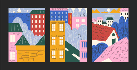 Abstract bright city and village posters. Landscape and scenery, minimalist houses in Scandinavian style. Old architecture, apartment buildings. Vector banners in cartoon style © Limpreom