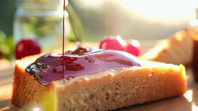 A fresh pie is being generously topped with homemade cherry jam, showcasing the vibrant colors of the jam and cherries in a sunny kitchen setting.