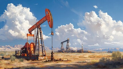 Fototapeta premium Rusty Oil Rigs in a Desert Landscape Under a Cloudy Sky