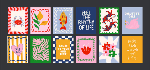 Abstract bright posters in minimalist style. Wall decor, trendy banners of summer, fruits, plants, cocktails in the cartoon style of Matisse. Decor of wallpaper, walls, print and postcards