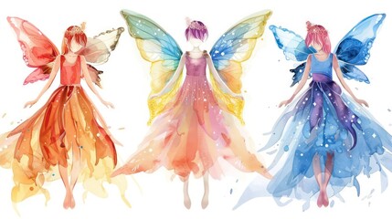 Obraz premium Three watercolor fairies with wings and flowing dresses.