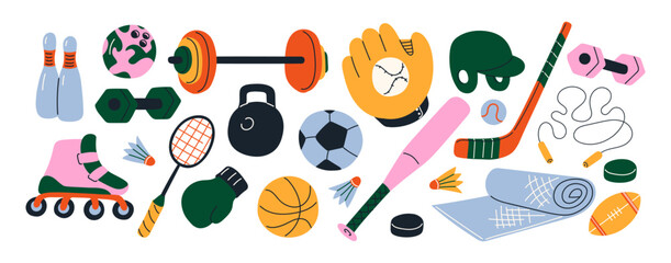 Sports stickers in cartoon style 90s. Sports equipment training and motivation gym. Set of fitness trainers shapes healthy lifestyle © Limpreom