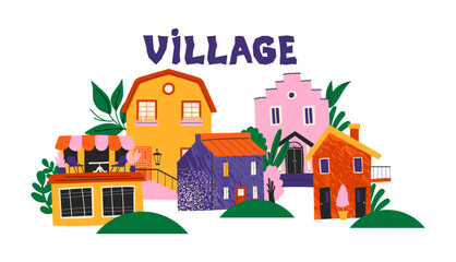 Fototapeta premium Cartoon village architectural houses, urban composition in 90s doodle style. City ​​buildings in Scandinavian style, plants, cozy buildings city streets