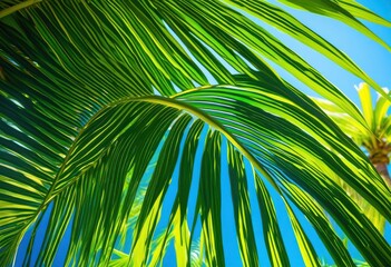 Fototapeta premium lush green palm leaves displaying vibrant colors bright clear blue sky creating tropical paradise atmosphere, sunlight, plant, foliage, summer, outdoor, growth