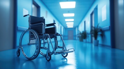 Empty wheelchair in a hospital hallway