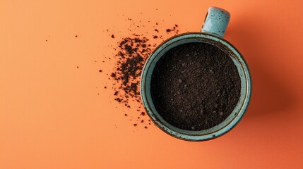 A turquoise cup spills coffee grounds on an orange background, creating a contrast of vibrant...