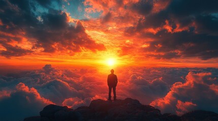 Obraz premium A lone figure stands on a mountain peak overlooking a fiery sunset and a sea of clouds.