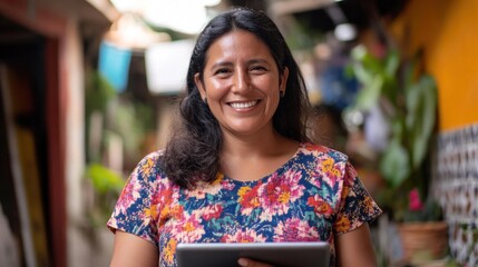 Smiling Woman in a Flowery Shirt
