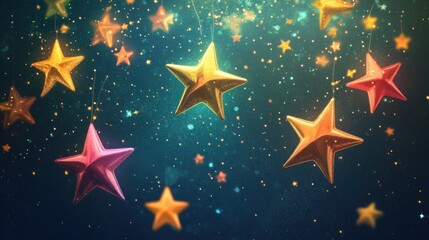 Golden Stars Hanging with Glitter Background
