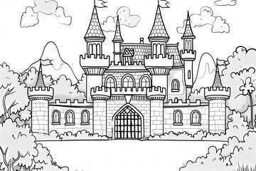A whimsical black-and-white illustration of a fairy tale castle surrounded by lush trees and mountains, perfect for coloring.