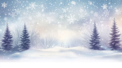 Naklejka premium winter wonderland featuring snow-covered pine trees against a backdrop of falling snow. It's perfect for promoting winter-themed products,