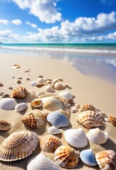 colorful seashells lying pristine beach soft sand gentle waves under bright blue sky, shore, ocean, coast, summer, sun, nature, tropical, landscape