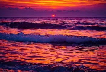 Fototapeta premium vibrant sunset over calm ocean waves creating tranquil seascape rich colors serene atmosphere, beach, sky, reflection, clouds, horizon, light, beauty, scenery
