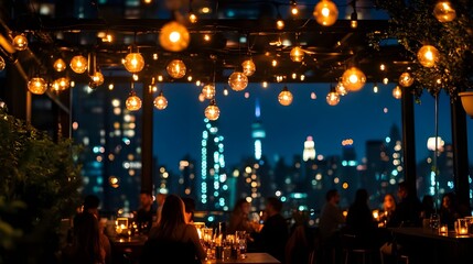 A chic stock photo of a rooftop bar with stunning cityscape views at night.