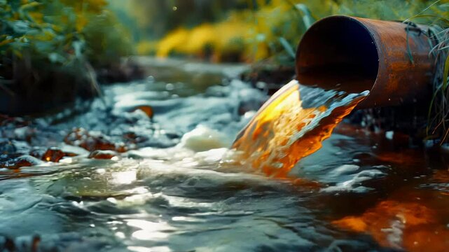 Brown, murky water pours from a deteriorating pipe into a flowing stream, highlighting pollution concerns in this natural setting. Nearby vegetation contrasts with the contamination.