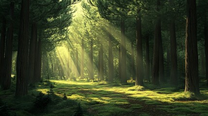 Fototapeta premium Immerse yourself in the captivating beauty of a pine forest. Majestic trees tower overhead, casting intricate shadows on the forest floor