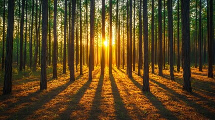 Obraz premium Immerse yourself in the captivating beauty of a pine forest. Majestic trees tower overhead, casting intricate shadows on the forest floor