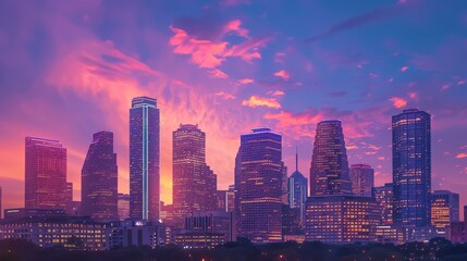 urban skyline at dusk, with skyscrapers lit up against a colorful sky