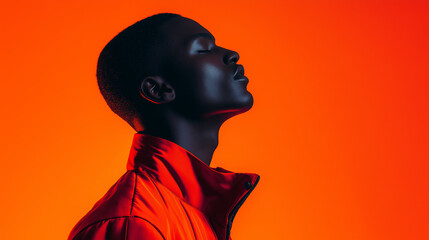 High fashion studio portrait of young african american man, minimal orange background